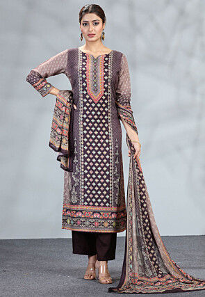 Digital Printed Muslin Silk Pakistani Suit in Purple