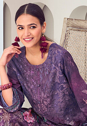 Digital Printed Muslin Silk Pakistani Suit in Purple