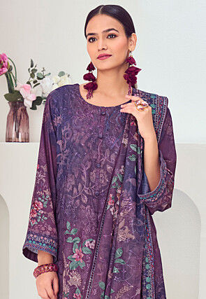 Digital Printed Muslin Silk Pakistani Suit in Purple