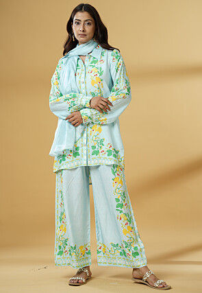 Digital Printed Muslin Silk Pakistani Suit in Sky Blue