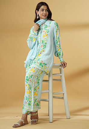 Digital Printed Muslin Silk Pakistani Suit in Sky Blue