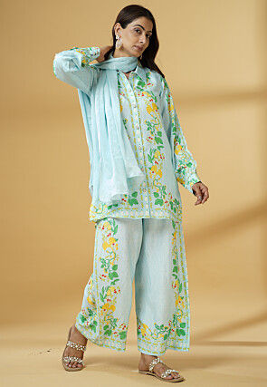 Digital Printed Muslin Silk Pakistani Suit in Sky Blue