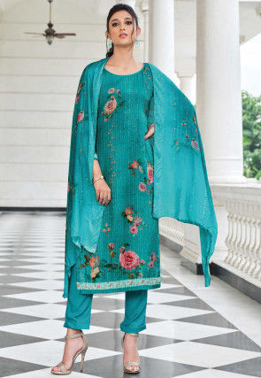 Digital Printed Muslin Silk Pakistani Suit in Teal Blue