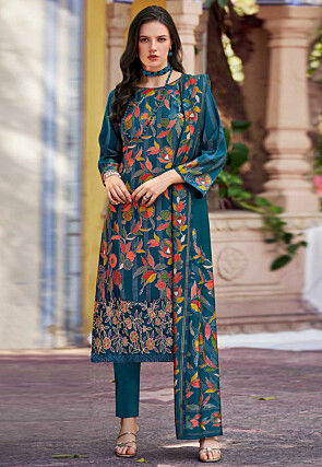 Digital Printed Muslin Silk Pakistani Suit in Teal Blue