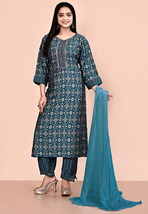 Digital Printed Muslin Silk Pakistani Suit in Teal Blue