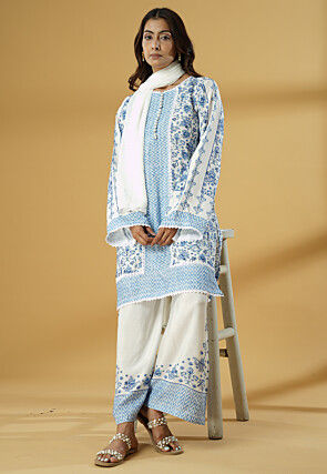 Digital Printed Muslin Silk Pakistani Suit in White