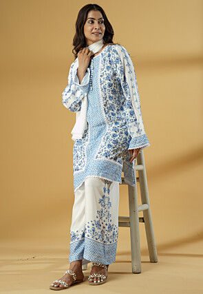 Digital Printed Muslin Silk Pakistani Suit in White