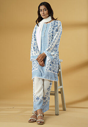 Digital Printed Muslin Silk Pakistani Suit in White