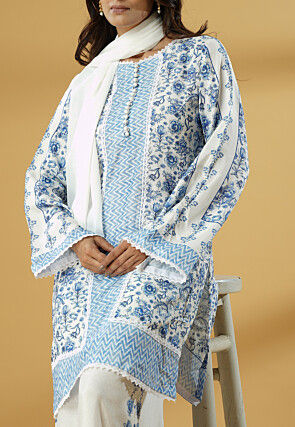 Digital Printed Muslin Silk Pakistani Suit in White