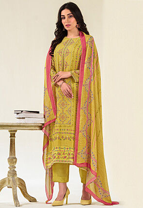 Digital Printed Muslin Silk Pakistani Suit in Yellow