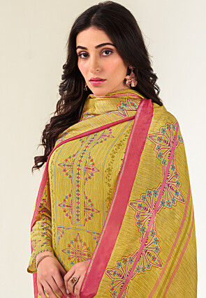 Digital Printed Muslin Silk Pakistani Suit in Yellow
