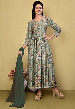 Digital Printed Muslin Silk Punjabi Suit in Dusty Green
