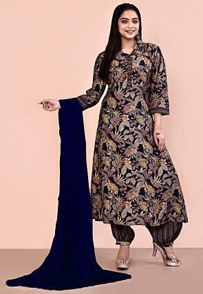 Digital Printed Muslin Silk Punjabi Suit in Navy Blue