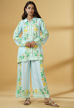 Digital Printed Muslin Silk Shirt Style Top Set in Sky Blue