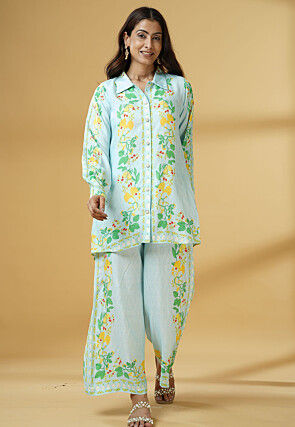 Digital Printed Muslin Silk Shirt Style Top Set in Sky Blue