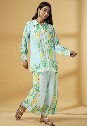 Digital Printed Muslin Silk Shirt Style Top Set in Sky Blue