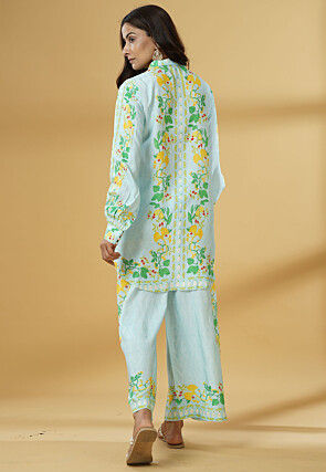 Digital Printed Muslin Silk Shirt Style Top Set in Sky Blue