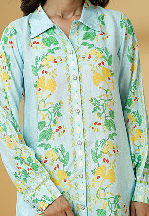 Digital Printed Muslin Silk Shirt Style Top Set in Sky Blue