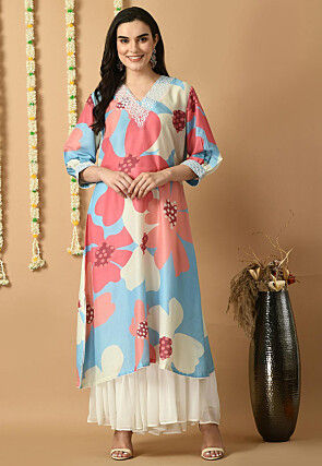 Digital Printed Muslin Silk Straight Kurta Set in Multicolor