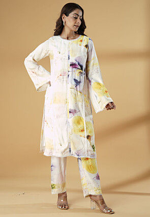 Digital Printed Muslin Silk Straight Kurta Set in Multicolor