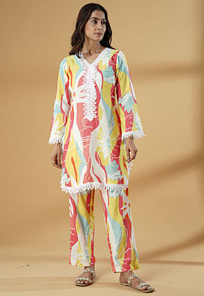 Digital Printed Muslin Silk Straight Kurta Set in Multicolor