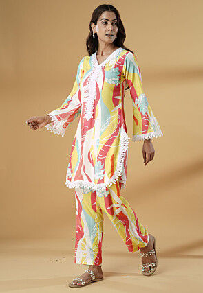 Digital Printed Muslin Silk Straight Kurta Set in Multicolor