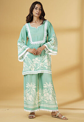 Digital Printed Muslin Silk Straight Kurti Set in Light Green