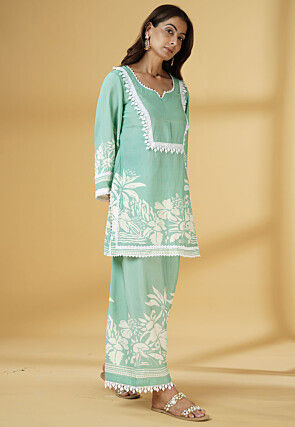 Digital Printed Muslin Silk Straight Kurti Set in Light Green