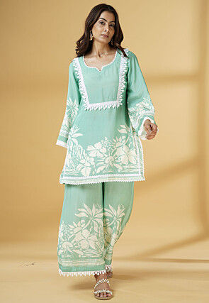 Digital Printed Muslin Silk Straight Kurti Set in Light Green
