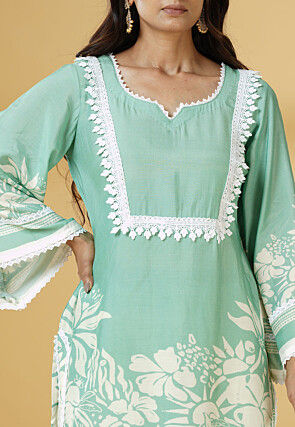 Digital Printed Muslin Silk Straight Kurti Set in Light Green