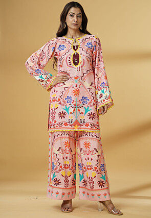 Digital Printed Muslin Silk Straight Kurti Set in Pink