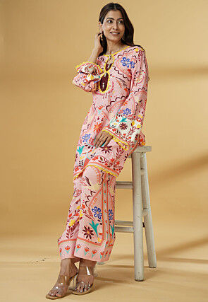 Digital Printed Muslin Silk Straight Kurti Set in Pink