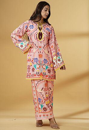 Digital Printed Muslin Silk Straight Kurti Set in Pink
