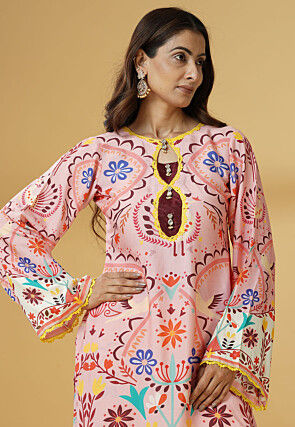 Digital Printed Muslin Silk Straight Kurti Set in Pink