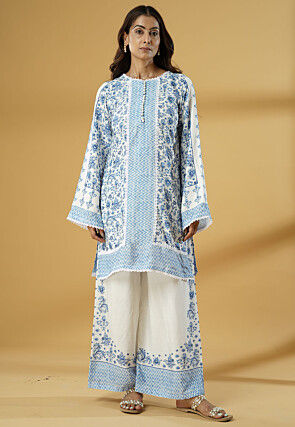 Digital Printed Muslin Silk Straight Kurti Set in White and Blue