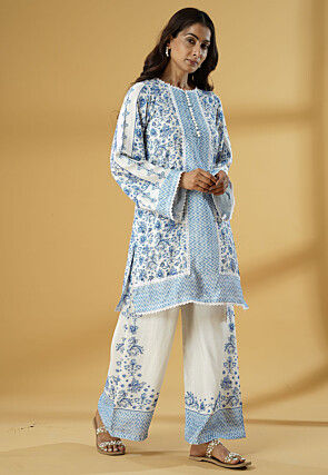 Digital Printed Muslin Silk Straight Kurti Set in White and Blue