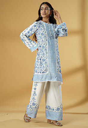 Digital Printed Muslin Silk Straight Kurti Set in White and Blue