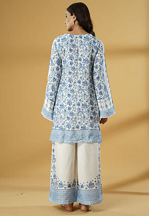 Digital Printed Muslin Silk Straight Kurti Set in White and Blue