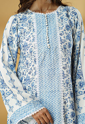 Digital Printed Muslin Silk Straight Kurti Set in White and Blue