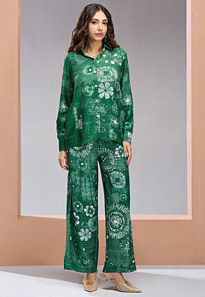Digital Printed Muslin Silk Top Set in Green