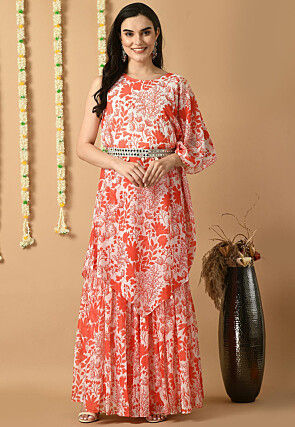 Digital Printed Muslin Silk Tunic Set in Off White