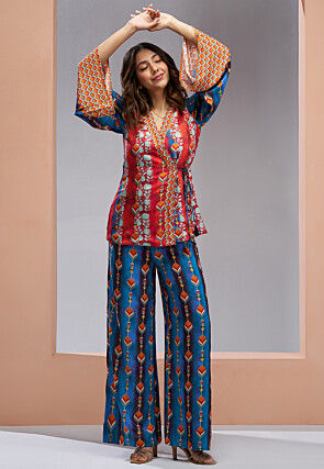 Digital Printed Muslin Silk Wrap Top Set in Red