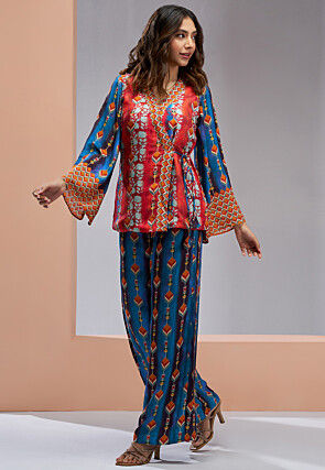 Digital Printed Muslin Silk Wrap Top Set in Red