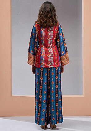 Digital Printed Muslin Silk Wrap Top Set in Red