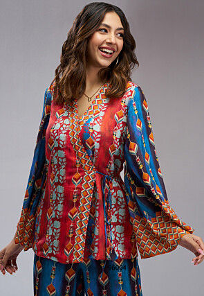 Digital Printed Muslin Silk Wrap Top Set in Red