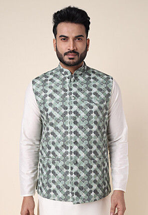 Digital Printed Art Silk Nehru Jacket in Green