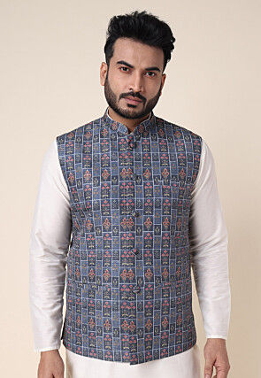 Digital Printed Art Silk Nehru Jacket in Grey