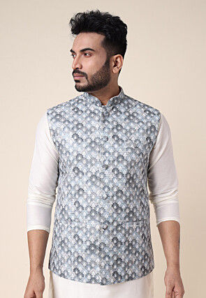 Digital Printed Art Silk Nehru Jacket in Light Grey