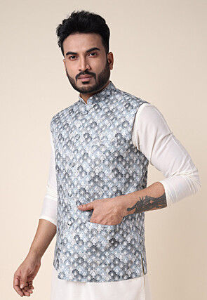 Digital Printed Art Silk Nehru Jacket in Light Grey