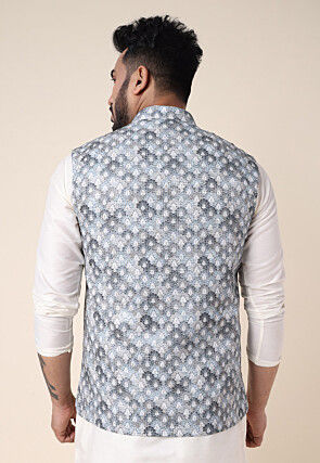 Digital Printed Art Silk Nehru Jacket in Light Grey